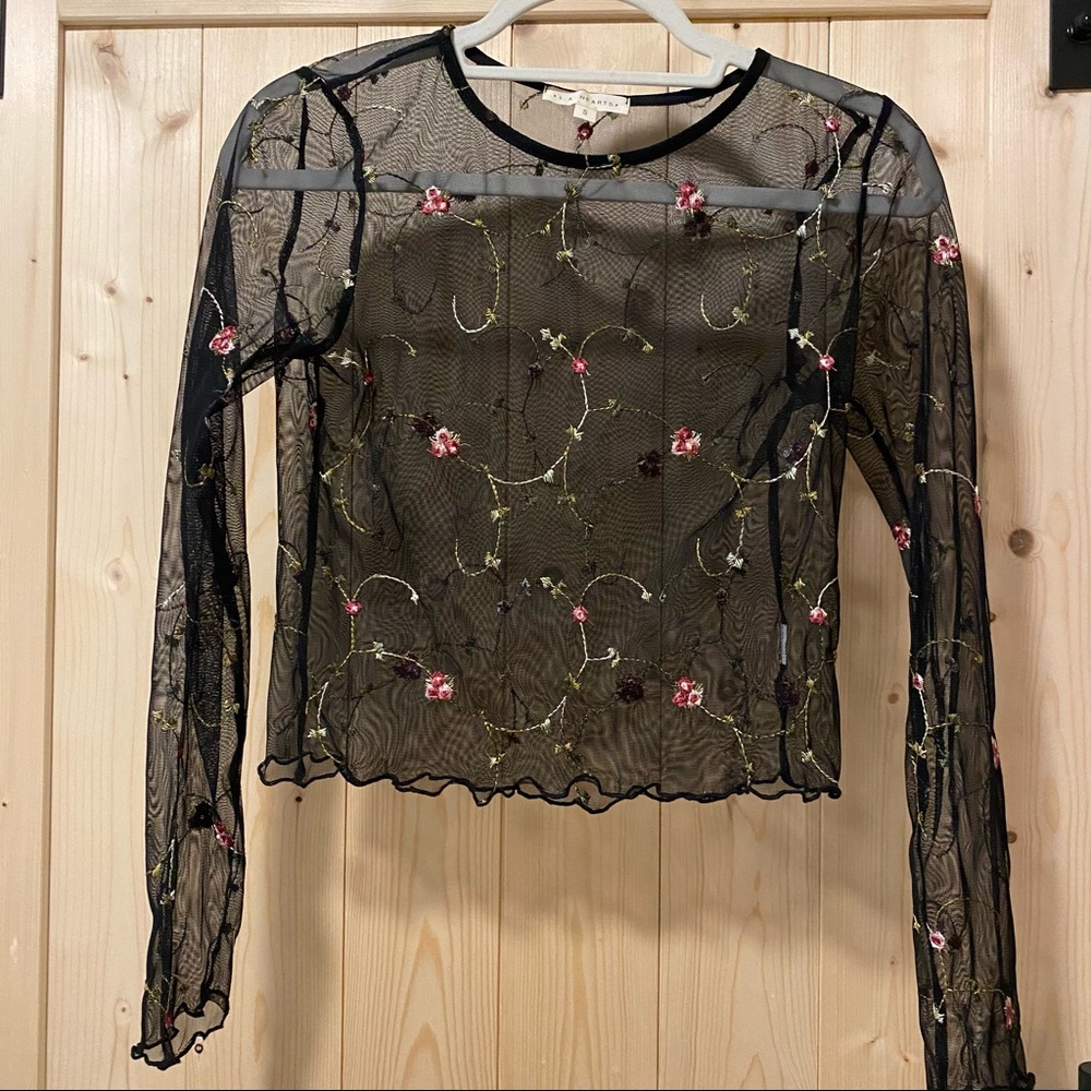 LA Hearts Embroidered Mesh Top Long Sleeve